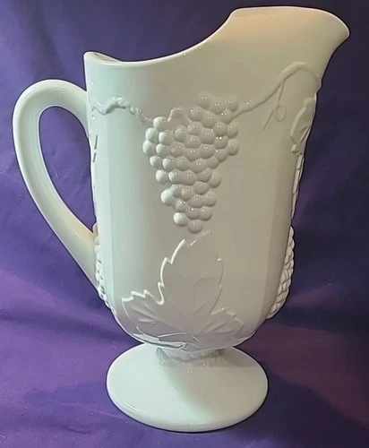 Vintage Indiana Colony Harvest Milk Glass Pitcher | White Grape & Vine 11”