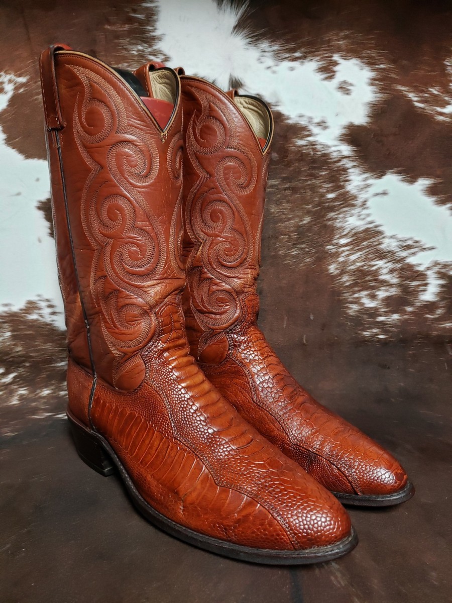 Vintage 90s Dan Post Ostrich Leg Cowboy Boots Mens 10.5 D Vintage Black Cherry Dan Post Black Cherry Full Quill Ostrich Boots | Luxury  main image 4