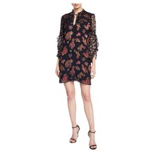 Alice Olivia Black Floral Print Sheer Ruffle Sleeve Tie Neck Mini Dress Size XS