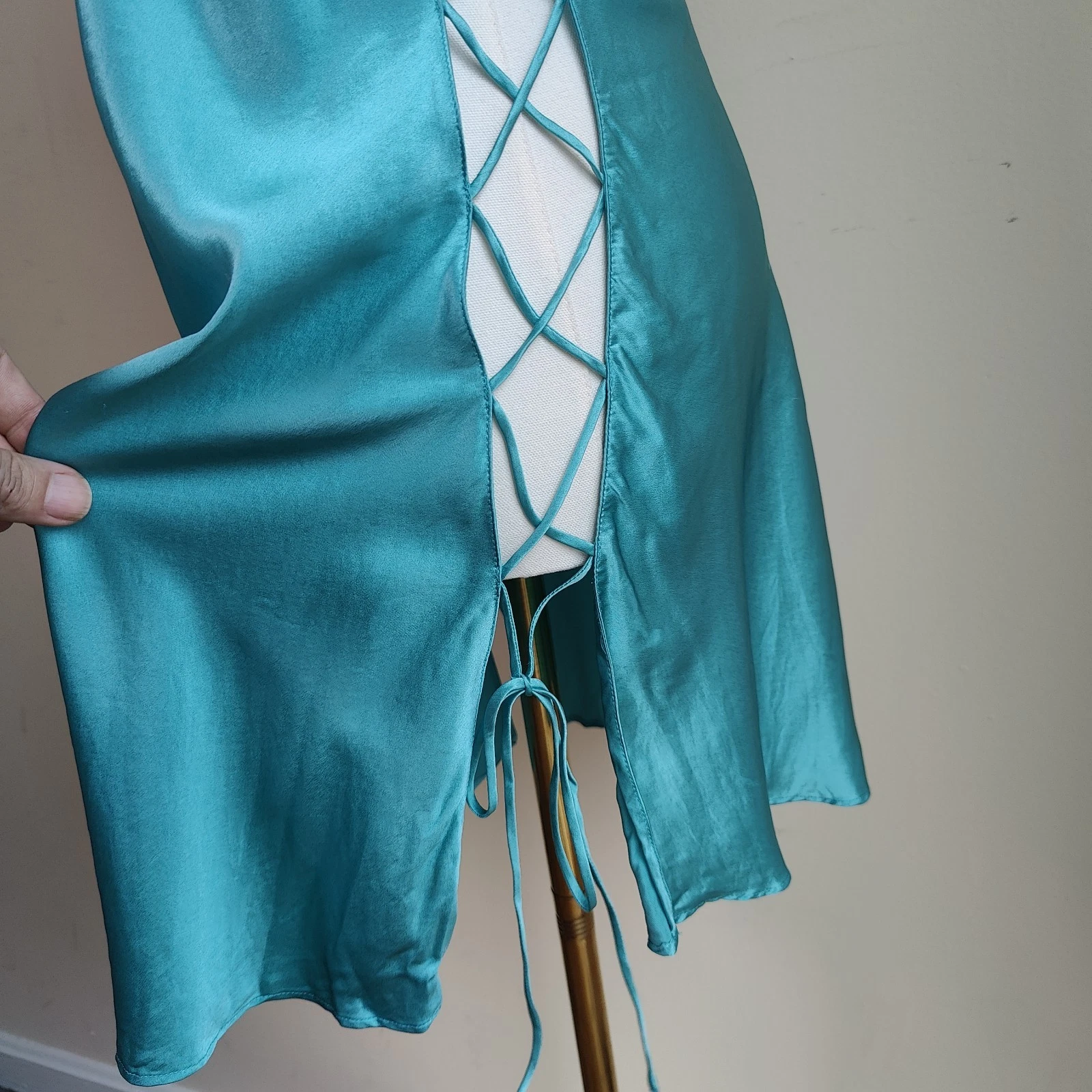 UNDERCOVER Abito vintage Victoria's Secret 100% seta turchese slip M corsetto cravatta lato RARO