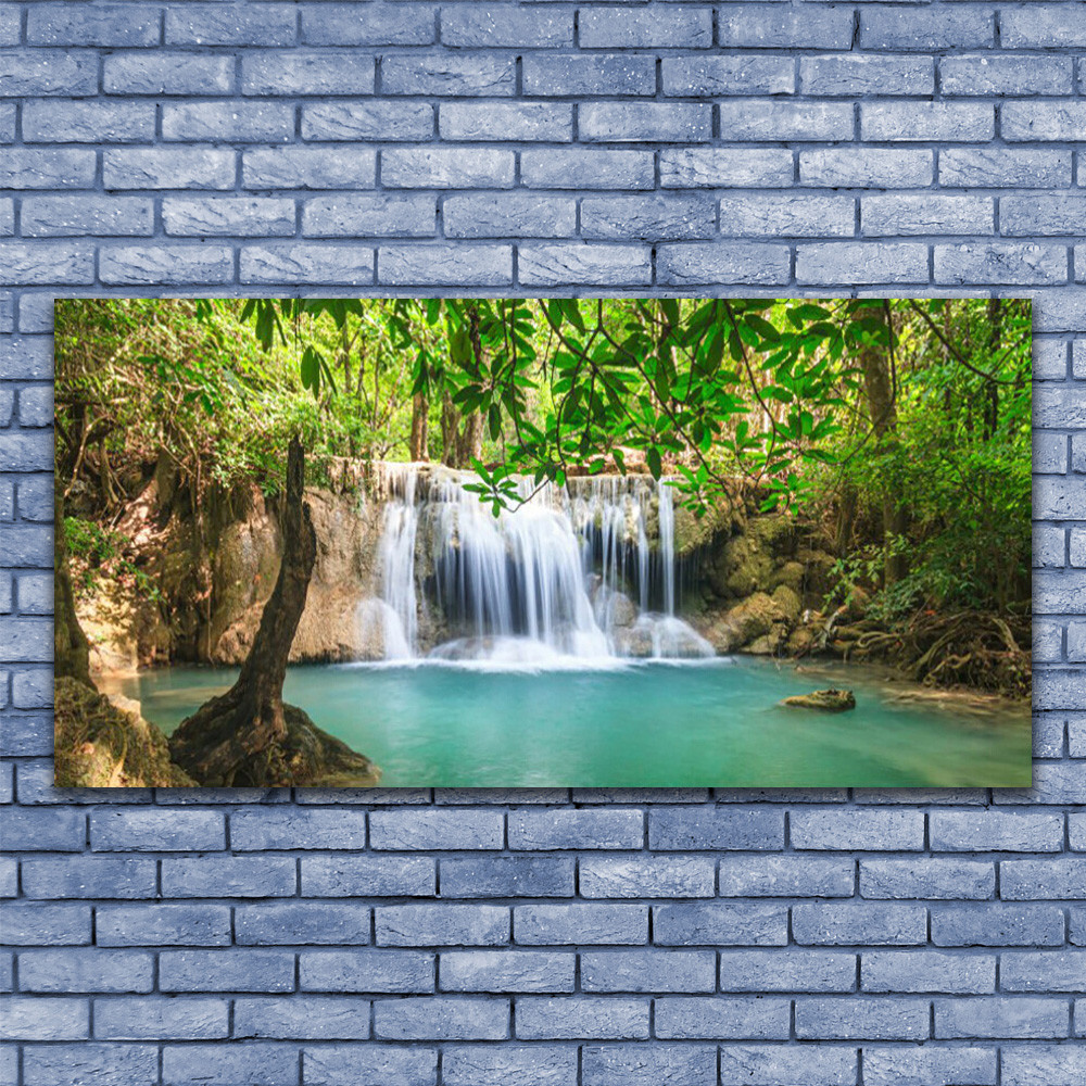 Tableau sous verre 140x70 cm avec paysage de cascade au coeur d'une forêt