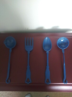 Antique ''Set Of 4 Handmade Castiron Utensils Painted Bright Blue''