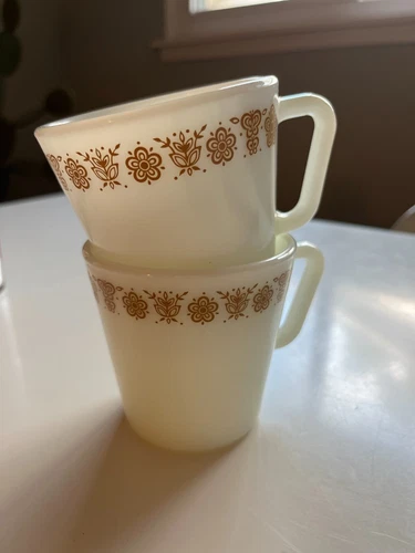 2 Vintage Mid Century PYREX Butterfly Gold D-Handle Coffee Mugs