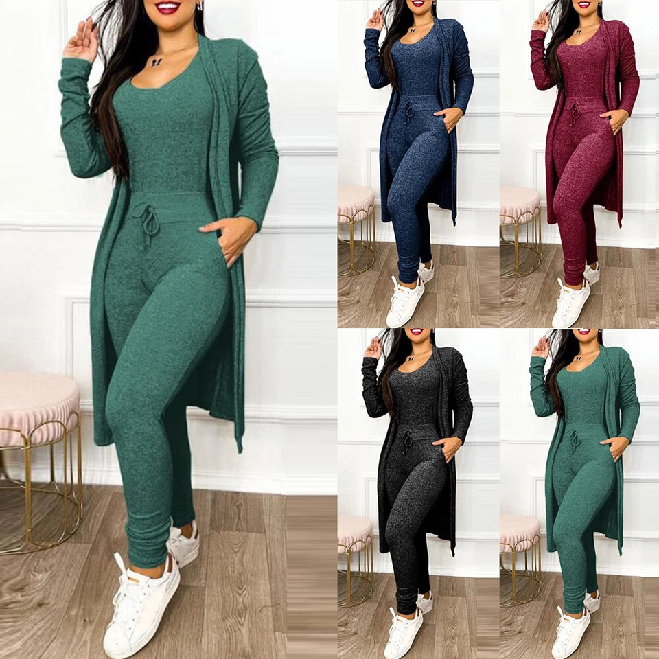Damen Jumpsuit Lange Overall Hoseanzug Strickjacke Cardigan Einteiler Romper DE - Bild 3 von 4