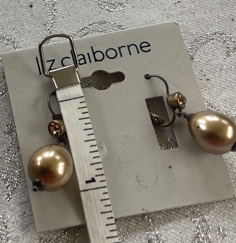 Liz Claiborne Faux Teardrop Golden Pearl & Crystal Lever Back Earrings Goldtone - Picture 6 of 6