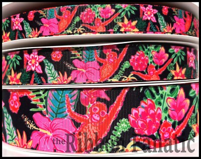 3yds 5/8'' 7/8'' or 1.5'' Orange Pink Jungle Monkey Palm Beach Grosgrain Ribbon