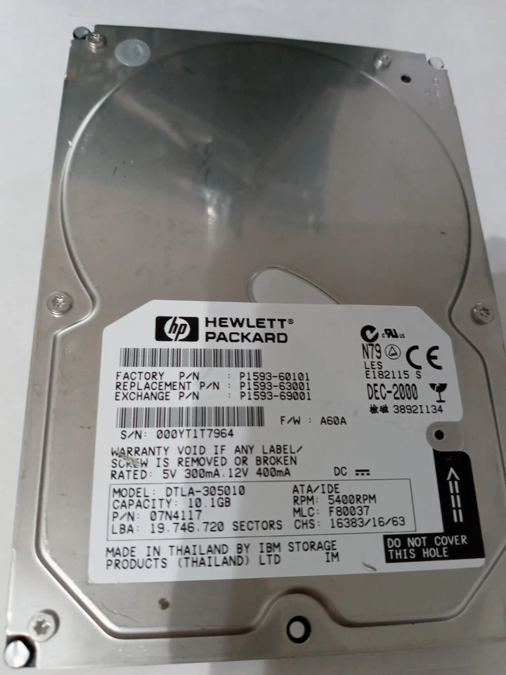 HP P1593-63001 IBM DTLA-305010 10GB 07N4117 HDD 3.5" Ide Pata Eide Hard Disk - Image 3 of 4