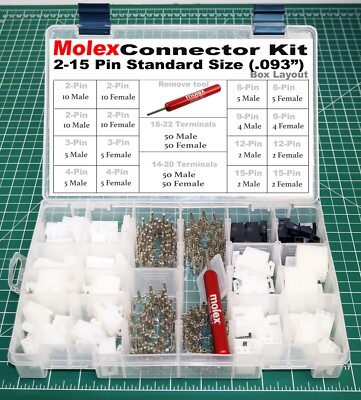 287pcs Molex 2-15 Pin 14A Connector Kit 0.093'', Wire Gauge 14-22 AWG w/ Tools