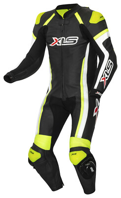 Leather Suit XLS One Piece Black White Neon Yellow Motorcycle Suit One Piece Size 48