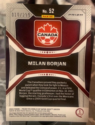 Milan Borjan 2022 Panini Prizm FIFA World Cup Prizms Blue RC #52 10/299 Canada - Picture 2 of 2