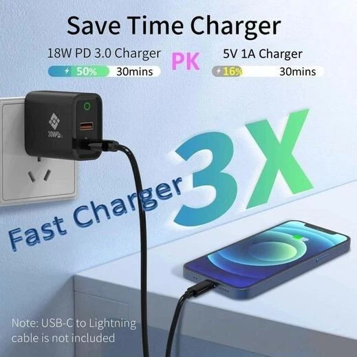 Cargador USB-A a iPhone/USB-C a iPhone Plegable Compatible con Bloque de 2 Puertos Foto 2 de 4