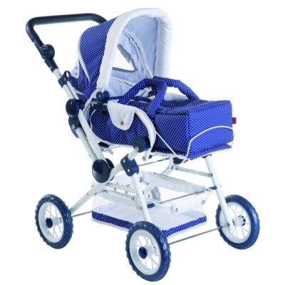 Gotz Doll's Blue Pram Spotty 4 Wheels Fits 50cm Dolls Age 6 - 8 (Handle Height)
