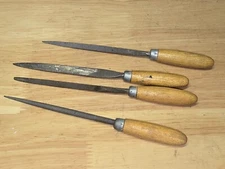 Vintage Set of 4 Metal Files with Wooden Handles - Round Triangular Flat Tool