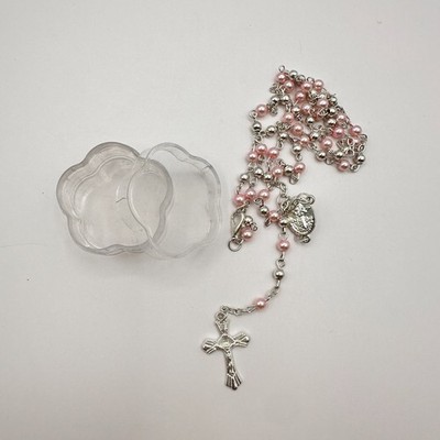 Vintage 90s Pink Faux Pearl Rosary Necklace Silver Tone Crucifix Cross Jewelry