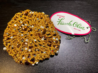 Vintage FRANK OLIVE Gold Crocheted Beaded Skull Cap Hat