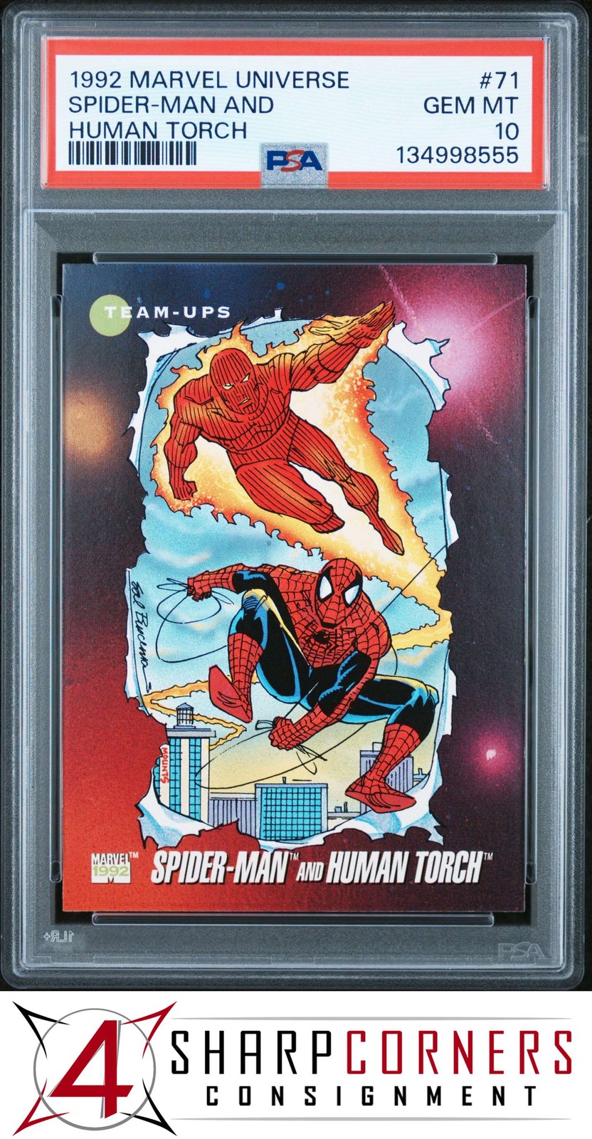 1992 MARVEL UNIVERSE #71 SPIDER-MAN AND HUMAN TORCH PSA 10 view 1