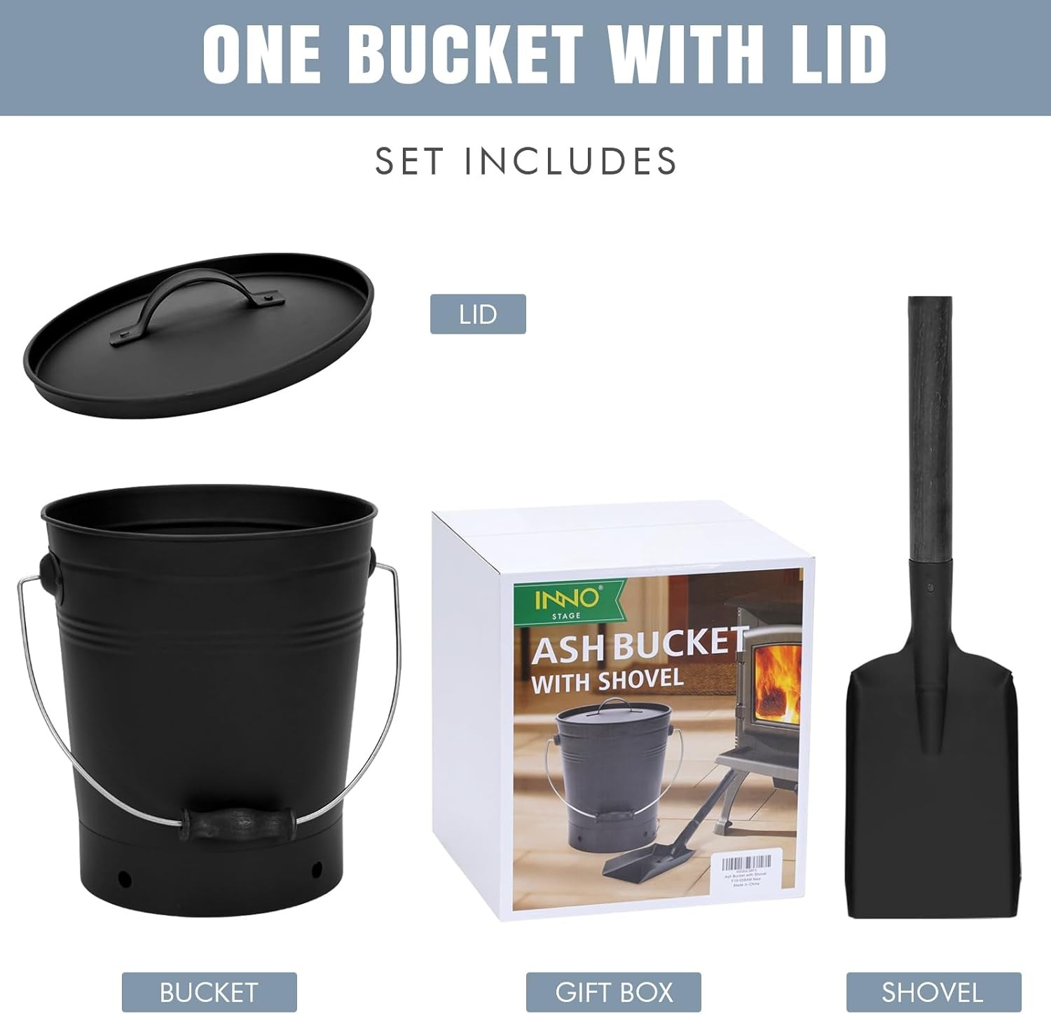 INNO STAGE Ash Bucket with Lid and Wood Handle Coal Shovel, 2.3 Gallon, Black 