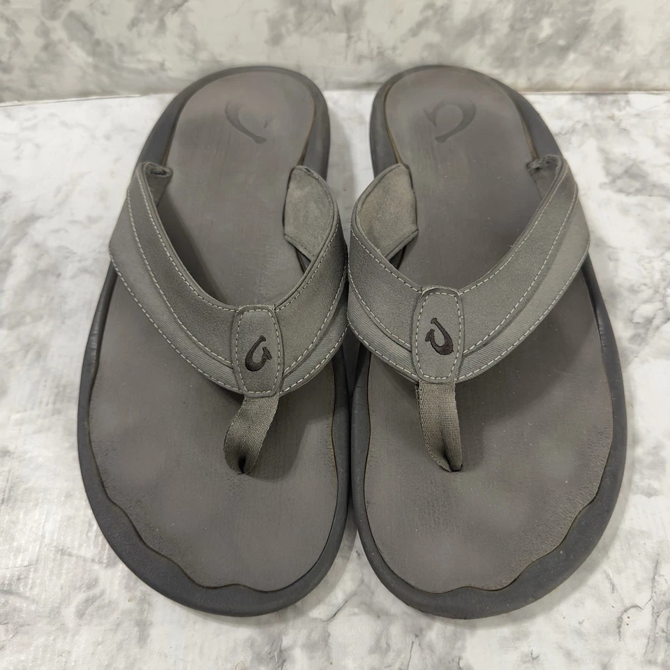 OluKai Ohana Sandals Mens 13 Gray Leather Comfort Flip Flops Outdoor Slides - Image 3 of 4