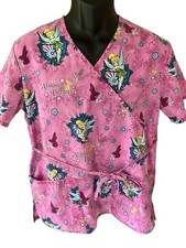 Wonderful World of Disney Scrub Top Women's Small Tinkerbell Floral Birds V- Nec