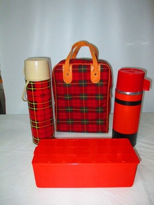 Red Plaid Aladdin Picnic Bag with 2 Thermos and Food Container Tote Lunch Set