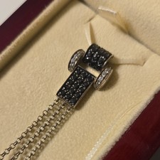 Diamond Nexus Black Stones Pavé Rectangle Charm Pendant Silver-Tone Cable Chain
