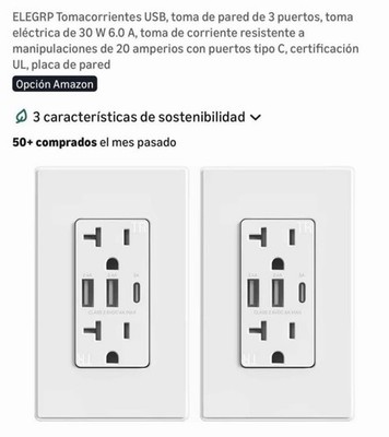 ELEGRP USB and Type C Wall Outlet, 3-Port, Tamper Resistant, 20A, White