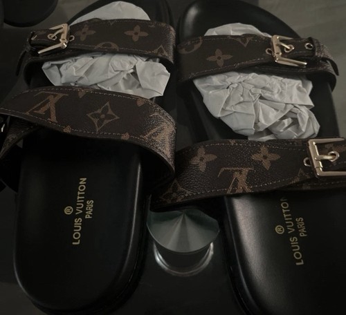 Louis Vuitton Women's Brown/Black Monogram Slide Sandals Buckle Strap Logo