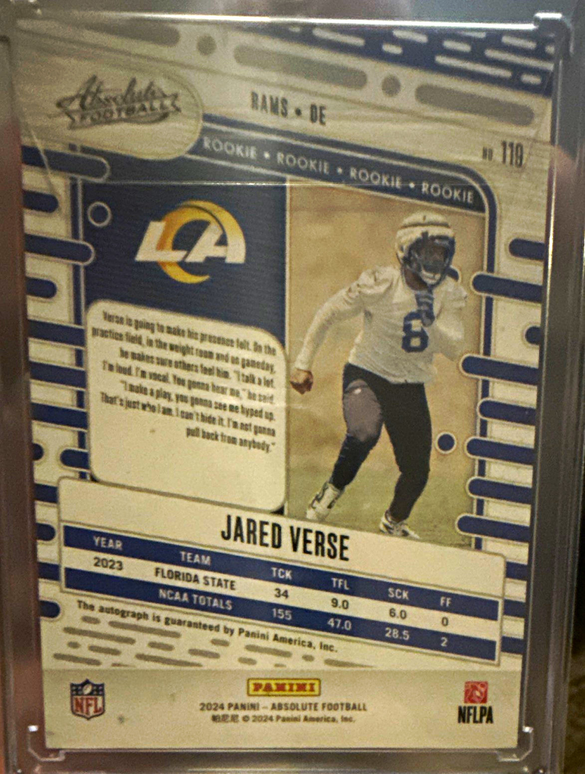 Panini 2024 Absolute Jared Verse RC 6/50 Auto #119 Los Angeles Rams
