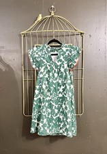 EUC THML Green Orange Floral Pom Pom Tiered Puff Flutter Sleeve Dress Size XS/S
