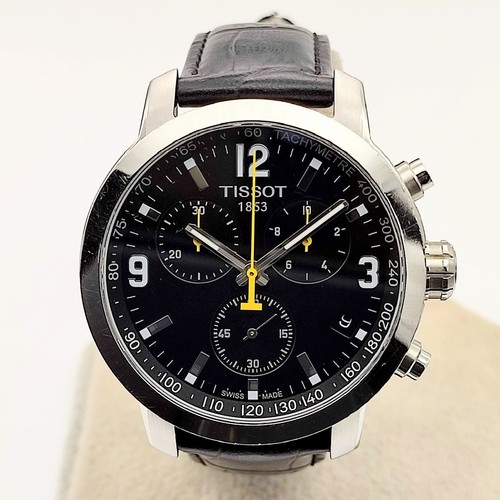 TISSOT PRC200 Watch Quartz Round Chronograph Men Black Leather Band 42mm SWISS - Picture 2 of 13