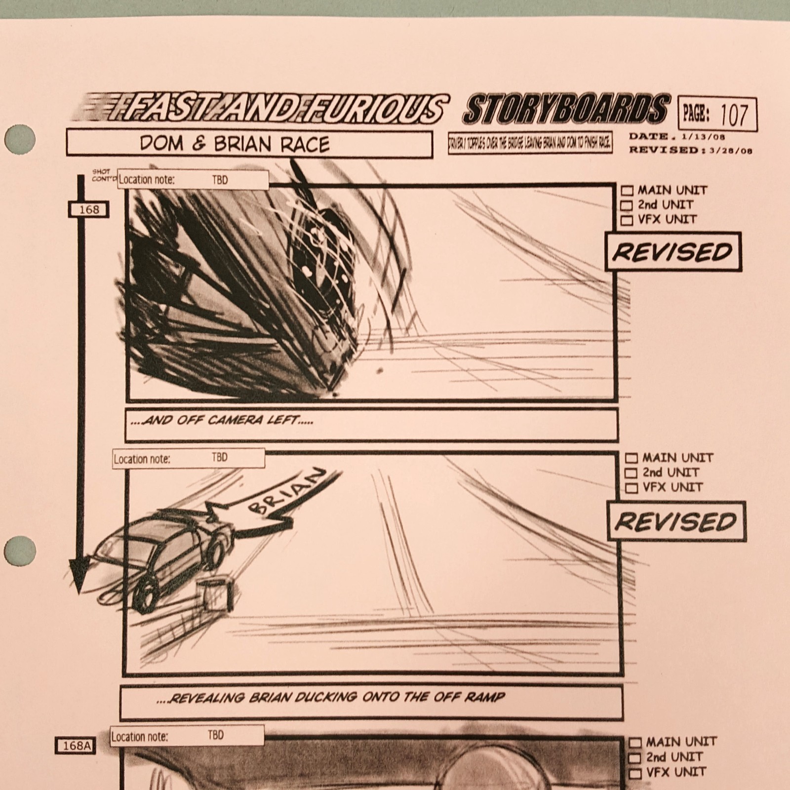 Image 3 of Fast and Furious 4 Production Used Storyboard, Dom Races Towards Ramp, 107 COA