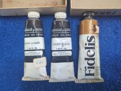Vintage Oil Paint Lot Permanent Pigments Fidelis Raw Umber Ivory Black Sienna 3