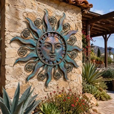 Patina Sun Metal Wall Art, Celestial Outdoor Garden Decor