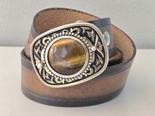 Genuine Leather Tiger Eye Stone Buckle Belt Size 36 Brown Made In USA