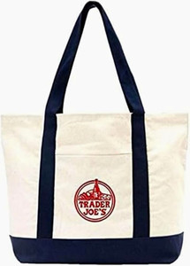 Trader Joe's Canvas Tote Reusable Shopping Bag Beige/Blue Logo Large 45 qt