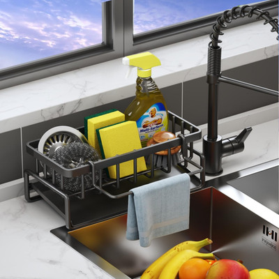 Kitchen Sink Caddy Sponge Holder Stainless Steel Organizer With Drain Tray
