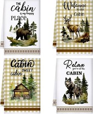 4 Pcs Cabin Kitchen Towels Set 23. 6 x 16 Inches Wildlife Deer Bear Dish Towels
