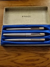 Vintage Parker 65 GT, Grey Jewelled, Fountain, Ballpoint And Pencil Set. Cased.