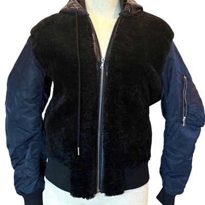 Sandro Paris Shearling Bomber Jacket Black Navy Lamb Fur Hooded Size 1 US Sz 4