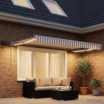 Einziehbare Markise 3x2,5m Hellgrau & Weiß 100% Polyester Aluminium Rahmen LED