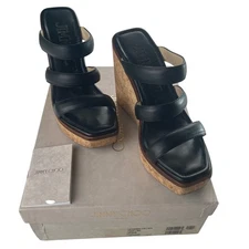 Jimmy Choo Athena Black Leather Cork Wedge Platform Sandals Slides 37.5/US 7.5