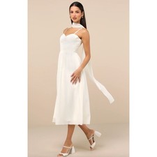NEW Lulus Irresistibly Darling Ivory Chiffon Midi Dress and Scarf Set Large