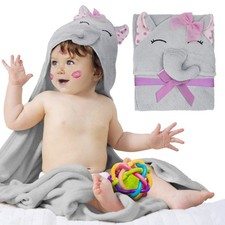 Hooded Baby Towel, 33x33 Inch. Pink Terry Cotton with Elephant Face, Absorbent