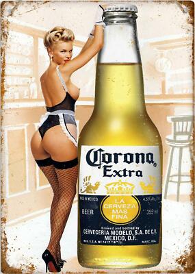 CORONA EXTRA FLASCHE SEXY PIN UP GIRL BLECHSCHILD BAR MANN HÖHLE GARAGE 20x30cm