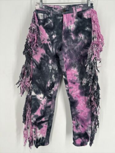 Daisy Grey Pink Tie Dye Fringe Sides Jeans 26” Waist Festival Western Sz 8 Boho