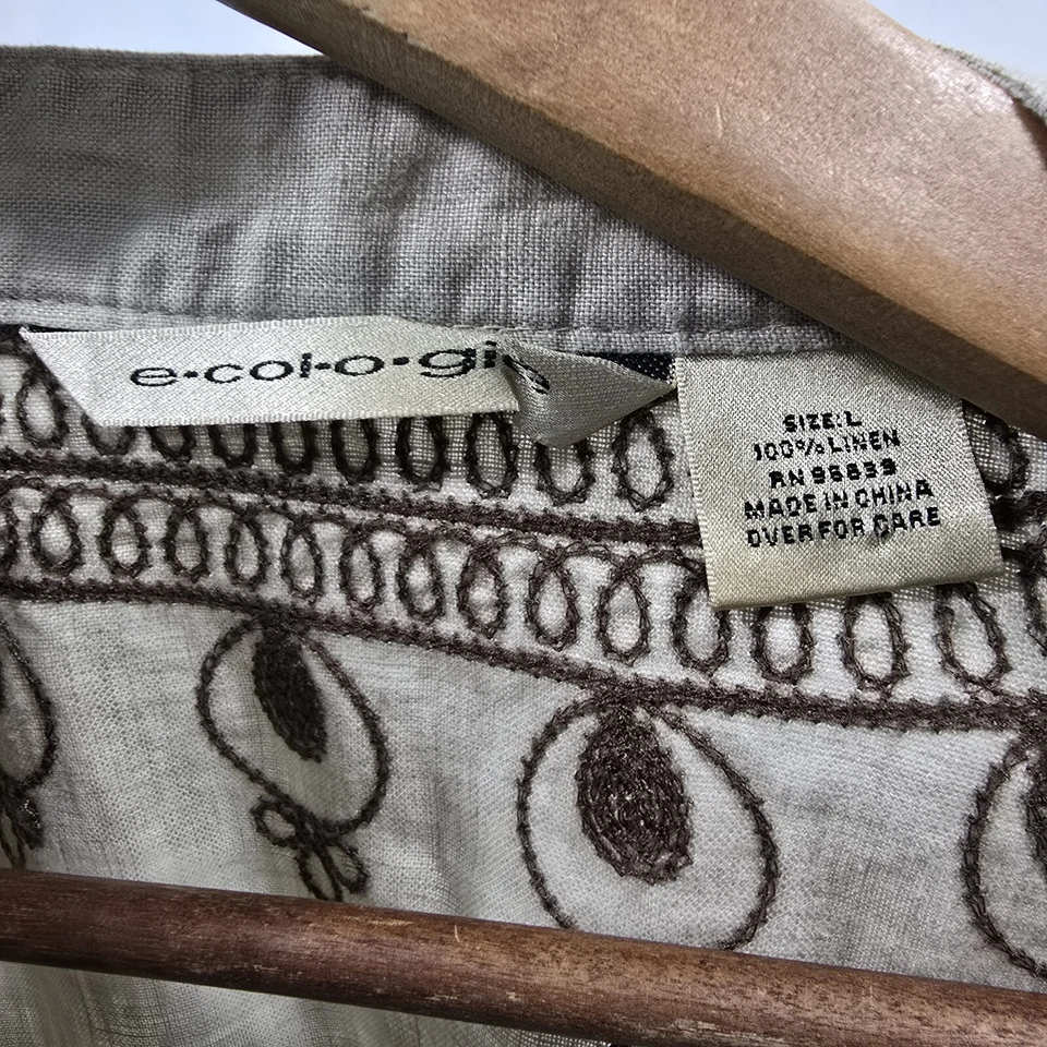 Camisa Ecologie Mujer Grande Taupe Lino Botón Popover Muesca V Bordada De Colección Foto 3 de 4