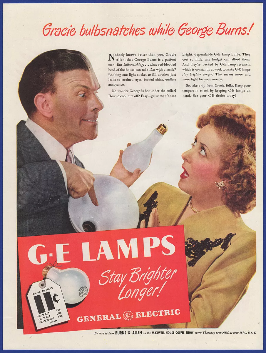 Vintage 1946 GENERAL ELECTRIC GE Lamps Light Bulbs George Burns