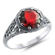 VIVID RED FILIGREE 925 STERLING SILVER SIMULATED RUBY SOLITAIRE RING    1321