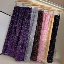 Lady Velvet Midi Skirt A-line Sequins Glitter Elastic Waist Casual Elegant Shiny