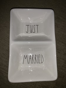 Rae-Dunn-Large-Letter-JUST-MARRIED-Divided-Candy-Nuts-Dish-Bowl-Bridal-Gift